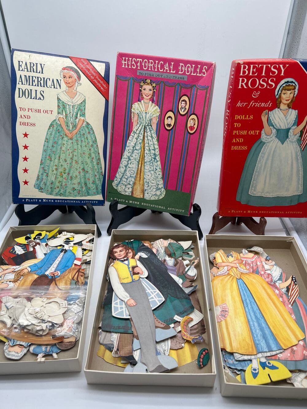 Lot of 3 Historical Betsy Ross Paper Dolls Platt Munk Educational Activity 1963
